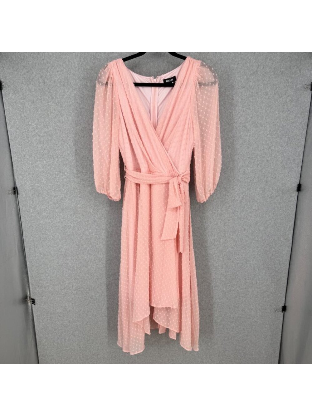 DKNY Womens Clip Dot Puff Sleeve Midi Wrap Dress Size 10 Pink Waist Tie Romantic